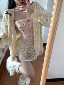 ฤดูใบไม้ผลิ 2024 ผู้หญิง ลำลอง Thin Knitted Open คาร์ดิเกน Hollow Out ดีไซน์ แขนยาว คอวี ความยาวปกติ Pure Color เสื้อท่อนบน