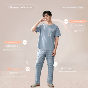 Plandoo Mens Summer Sleepwear Pure Cotton Short Sleeve Long Pants Home Clothes Lightweight Spring Autumn Cotton plus Size Set