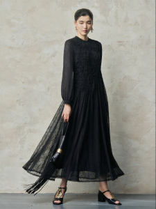 Lace and Silk Border Elegant Long Dress Black