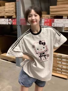 HelloKitty Kitty Cat Womens Short Sleeve T-Shirt Summer New American Three Bars Stripes Half Shirt Cotton Cartoon Print round Neck