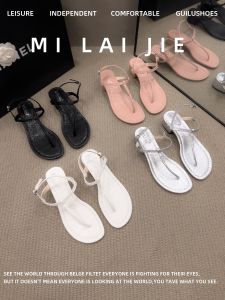 French Style Thong Slippers Womens Outdoor Wear Summer Thick Heel Beach Shoes Fashion Fairy Wind Toe-Post Sandals Low Cut