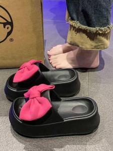 Elegant Butterfly Knot Thick Heel Heightening Sandals Womens Summer Outdoor Wear Comfortable Flat Sandals Sweet Style Pure Color