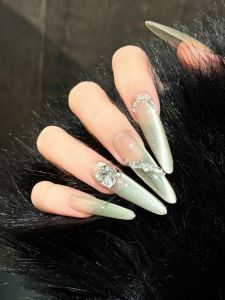 Champagne Cat Eye Long Nail Tips Sparkling Icy Transparent Handmade Fake Nails White Enhancing Diamond Studded Nail Art
