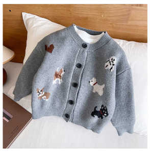 Korean Style Knitted Cardigan Sweater Boys Autumn Fashionable Top Cartoon Design Long Sleeve round Neck Single Button Closure