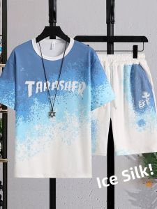 ROMON | Romon Mens Ice Silk Summer Thin Short Sleeve T-shirt Casual Sportswear Loose Quick Dry Gradient Color Loose Fit Sportswear