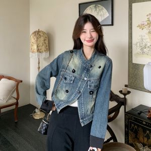 Retro Street Style Short Denim Jacket Womens Stand Collar 2025 Autumn New Korean Style Versatile Jacket Top for Ladies