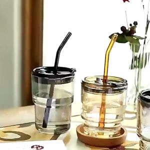 350/400/450ml Double Glass Heat Resistant Lid Cup Mug W/ Straw & Protective Sleeve