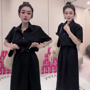 Casual Cotton Linen Shirt Dress Womens Knee-Length Fashionable Slimming Summer Workwear High Waist A-Line Pure Color