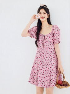 SEIFINI | Fashionable New Trendy Pretty Holiday Style Rose Pink Flowered Square Neck Mid-Length Dress