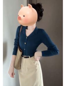 French Elegant Blue Knitted Open Cardigan Women Early Autumn Slim Fit Base Layer Sweater High End Base Shirt Top