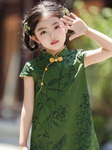 Classical Childrens Cheongsam Summer New Style Girls Hanfu Skirt Tang Dress Polyester Fiber Elastic Fiber Landscape Pattern