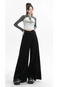 Chic Black Wide Leg Jeans Fall Fashion Asymmetrical Hem Loose Womens Jeans Elegant Style High Waist Zipper Closure Cotton Blend