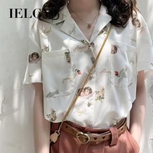 Ielgy Áo sơ mi nữ thiết kế tay ngắn phong cách Hong Kong cổ điển cổ chữ V in hình thiên thần Nhật Bản