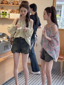 Dopamine Style Floral Print Chiffon Shirt Shoulder Bared Long Sleeve Spring Autumn Mature French Style Casual Womens Blouse