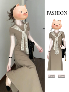 LIRENQING | Lace Splicing Design Sense French Vintage Short Sleeve Long Dress Waist-defining