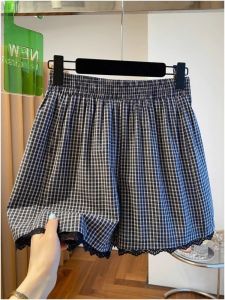 Quần Short Kẻ Caro Ren Viền Cổ Điển Cho Nữ Mùa Hè 2025 Quần Ống Rộng Cạp Cao Rộng Rãi Giảm Béo Trẻ Trung Mới Về