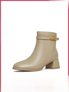 รองเท้าบู๊ตส้นสูงแบบลำลอง หนัง ทรงหัวเหลี่ยม ด้านหลังเปิด สำหรับผู้หญิง ฤดูหนาว รองเท้าบู๊ตส้นหนา สไตล์ย้อนยุค รองเท้าบู๊ตสั้น รองเท้าแฟชั่น