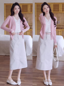 XUECAIQI | Pretty Pink Two-Piece Set Knitted Sweater and Straight Skirt