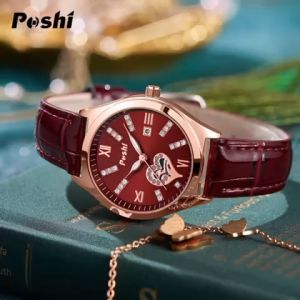 Poshi Jam Tangan Wanita Tali Kulit Leather Bercahaya Kuarsa Alloy WaterProof dark in glow