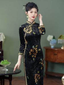 Retro Style Shanghai Old School Black Velvet Cheongsam Long Sleeve Slimming Daily New Chinese Style Traditional Costume Dress