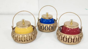 Elegant Metal Decorative Storage Jar Set with Ornate Basket Handle | Multicolor Candy & Dry Fruit Container for Pooja Decor & Gifting (1 Set)