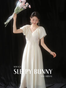 White Breathable Elegant Mid-Length Waist-Tying Dress