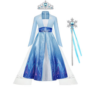 Elsa Dresses for Girls with Crown Gloves Necklace for Kids Party Halloween Cosplay Costume Set