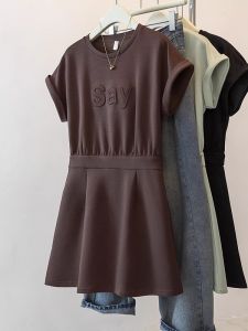 ชุดเดรสแขนสั้นลายตัวอักษร ทรงเอ สำหรับผู้หญิงไซส์ใหญ่ ทรงเข้ารูป ช่วงฤดูร้อน เอวสูง สไตล์เกาหลี กระโปรงทรงเอ