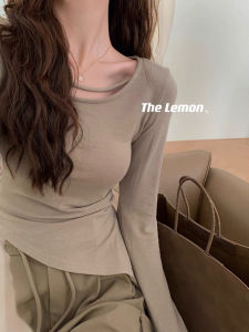 Sweet and Spicy Style Khaki Asymmetrical Inner Bottoming Shirt Womens Spring and Autumn Slim Fit Skinny Shoulder Long Sleeves T-shirt Tops
