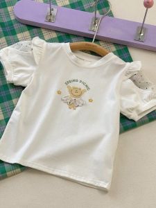 Sweet Cartoon Print Short Sleeve T-Shirt for Baby Girls Mesh Bubble Sleeve Base Shirt Summer Cotton Polyester Breathable Sweat Absorbent