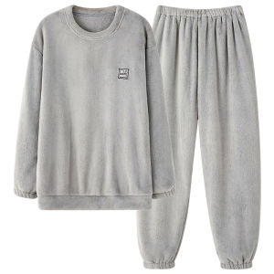 Mens Thickened Fleece Pajamas Coral Velvet Sleepwear Set Autumn Winter round Neck Long Sleeve Home Clothes Youth Size