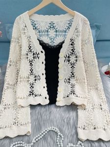 Cut Out Knitwear Long Sleeves Short Cardigan Spring and Summer with Skirt Small Lace Outwear Thin Vacation Style Easiest for Match Tops