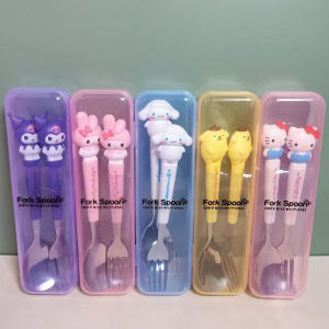 AN Peralatan Makan Sanrio-Peralatan Makan Kartun Portabel Garpu dan Sendok Kantin Dua Potong Set/Garpu dan Sendok Baja Tahan Karat COD