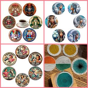 6-Piece round coaster Cartoon characters Patterned wooden Material is very Suitable for Carnival party desktop Decoration