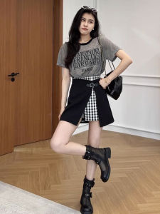 Shalldoer | College Style Printed Short Sleeve T-Shirt And Skirt Set For Women Summer 2025 Asymmetrical Design Color Block Letter Print