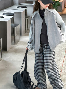 MPW | Girls Autumn Fashionable Plaid Splicing Sweatshirt Wide Leg Pants Set Korean Style Casual Wear For Children Ages 3-14