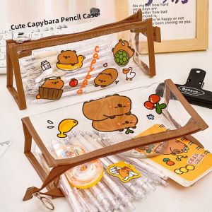 Large Capacity Transparent PVC Student Pencil Case Cartoon Capybara Stationery Storage Bag Cute Office School Supplies Bag