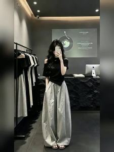 QINWEIYU | OOTD Stylish Shoulder-baring T-shirt Wide-leg Pants Womens Set
