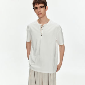 Henry Neck Check Placket Short Sleeve T-Shirt