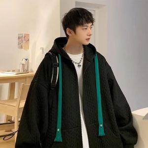 Hooded Cardigan Coat Mens Spring & Fall New Arrival Trendy Ruffle Handsome Stylish Flow Loose Easiest for Match Casual Waffle Sweatshirt Coat
