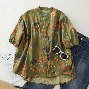 เสื้อเชิ้ตแขนสั้นผ้าฝ้ายพิมพ์ลายสไตล์ญี่ปุ่นและเกาหลีสำหรับผู้หญิงในช่วงฤดูร้อน ทรงหลวมสบาย ๆ สไตล์ฮ่องกง