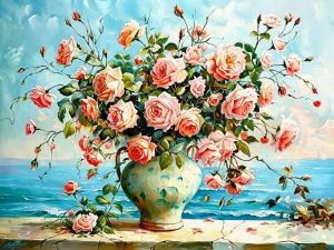 Huacan Full Diamond Painting Seaside Pottery Jar Pink Rose Diamond Mosaic Flower Complete Kit Picture Of Rhinestones
