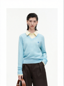 Wool Silk V-Neck Long Sleeve Sweater Autumn Womens Top
