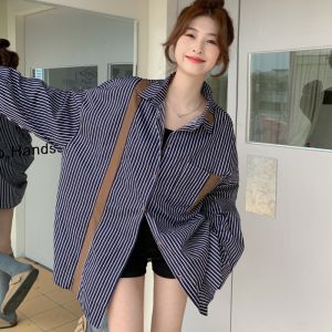 Gaya Korea Wanita Kemeja Lengan Panjang Retro Biru Garis Longgar Atas