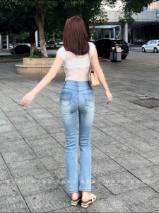 Quần Jeans Denim Ống Thẳng Cạp Cao Thêu Ôm Dáng Quần Jeans Nữ Co Giãn Cotton Cao Su Phục Hồi Mùa Xuân Hè