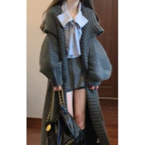 BINKAFENNY | Loose Fit Long Grey Knitted Cardigan Womens Autumn Winter Comfortable Open Front Sweater Outerwear Casual Style Fashion Trend