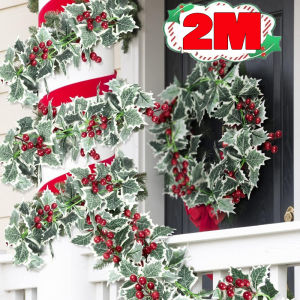 2/3PCS 2M Christmas Eucalyptus Leaf / Artificial Red Berries Holly Ivy Leaf Vine Rattan DIY Garland Wreath / Xmas Tree Hanging Ornaments Home Holiday Decoration Fake Plants