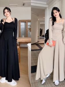 plus Size Womens Spring Summer Slimming Meat Covering Set Womens Strap Top Sun Protection Cardigan Long Sleeve round Neck Three Piece Set