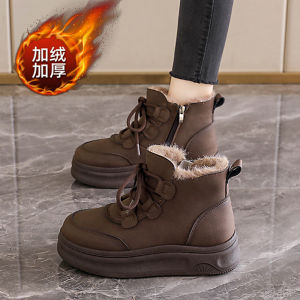 Womens Winter Thick Bottom Martin Boots Genuine Leather High Top Cotton Shoes Anti-slip Fleece Lined Warm Snow Boots
