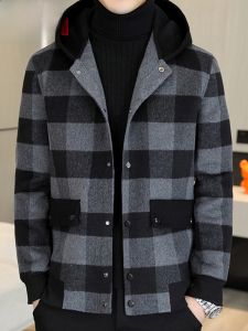 HENGYUANXIANG | Fashionable Plaid Woolen Coat For Men With Hood By Hengyuanxiang Short Trendy Business Casual Style Polyester Blend Material